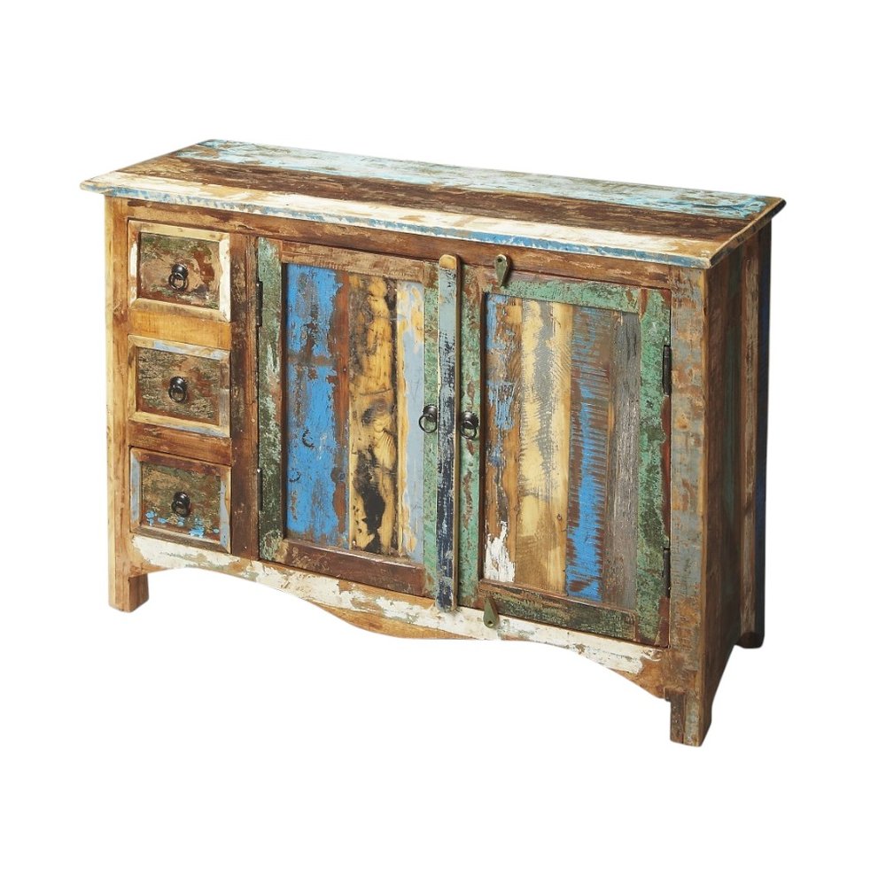 44" Brown Green and Gray Solid Wood Three Drawer Sideboard with Two Doors HomeRoots