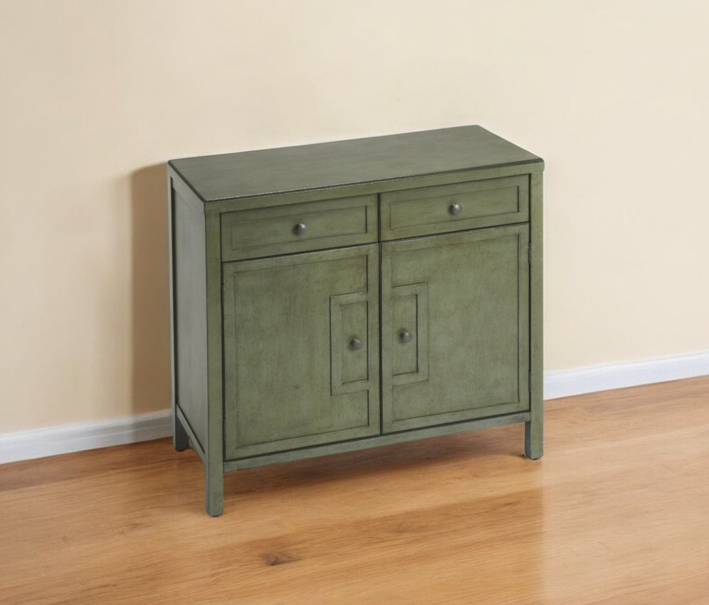 31" Green Solid Wood Two Drawer Sideboard with Two Doors HomeRoots