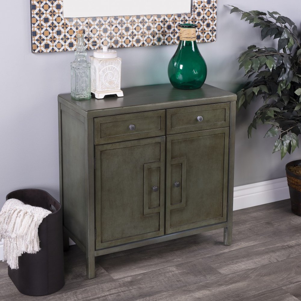 31" Green Solid Wood Two Drawer Sideboard with Two Doors HomeRoots