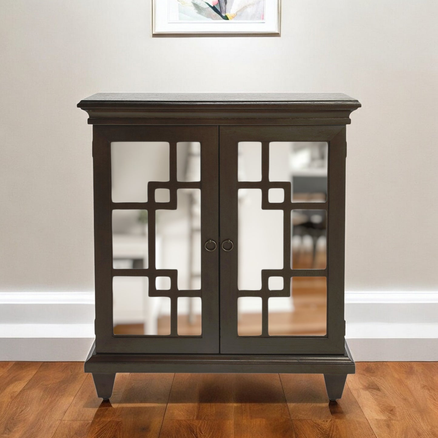 32" Dark Brown Wood Sideboard with Two Mirrored Doors