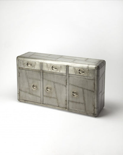 55" Silver Steel Console Accent Cabinet With Three Drawers HomeRoots