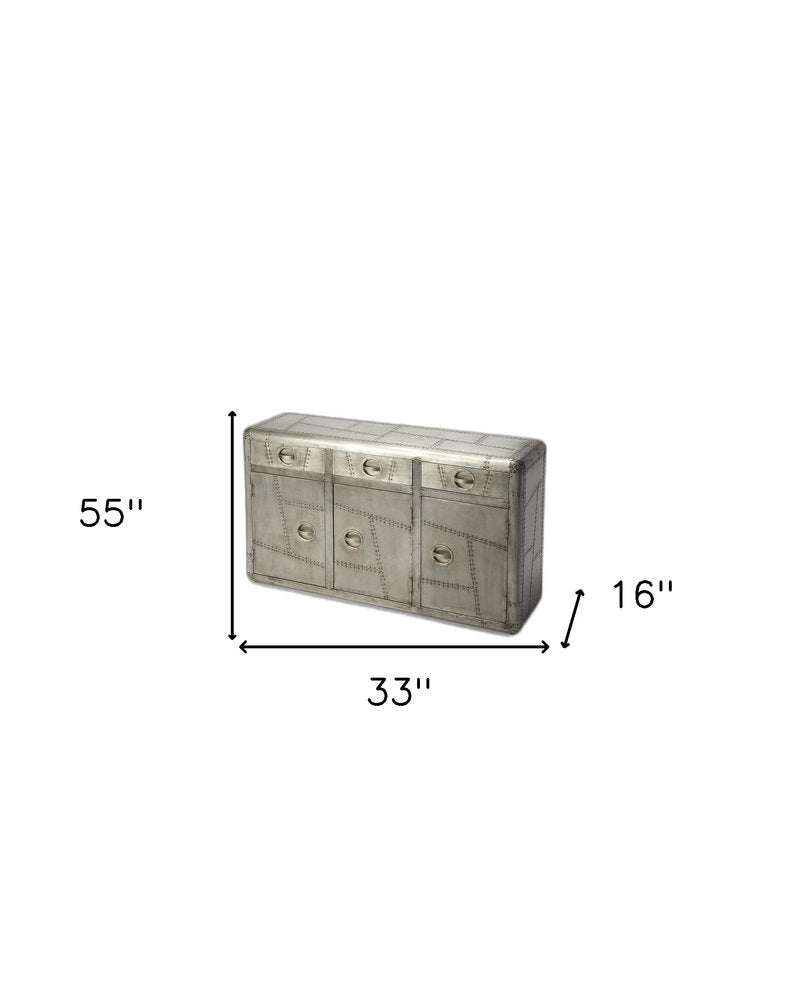 55" Silver Steel Console Accent Cabinet With Three Drawers HomeRoots