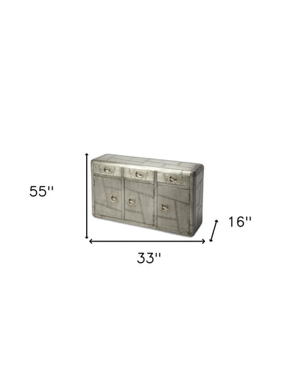 55" Silver Steel Console Accent Cabinet With Three Drawers HomeRoots