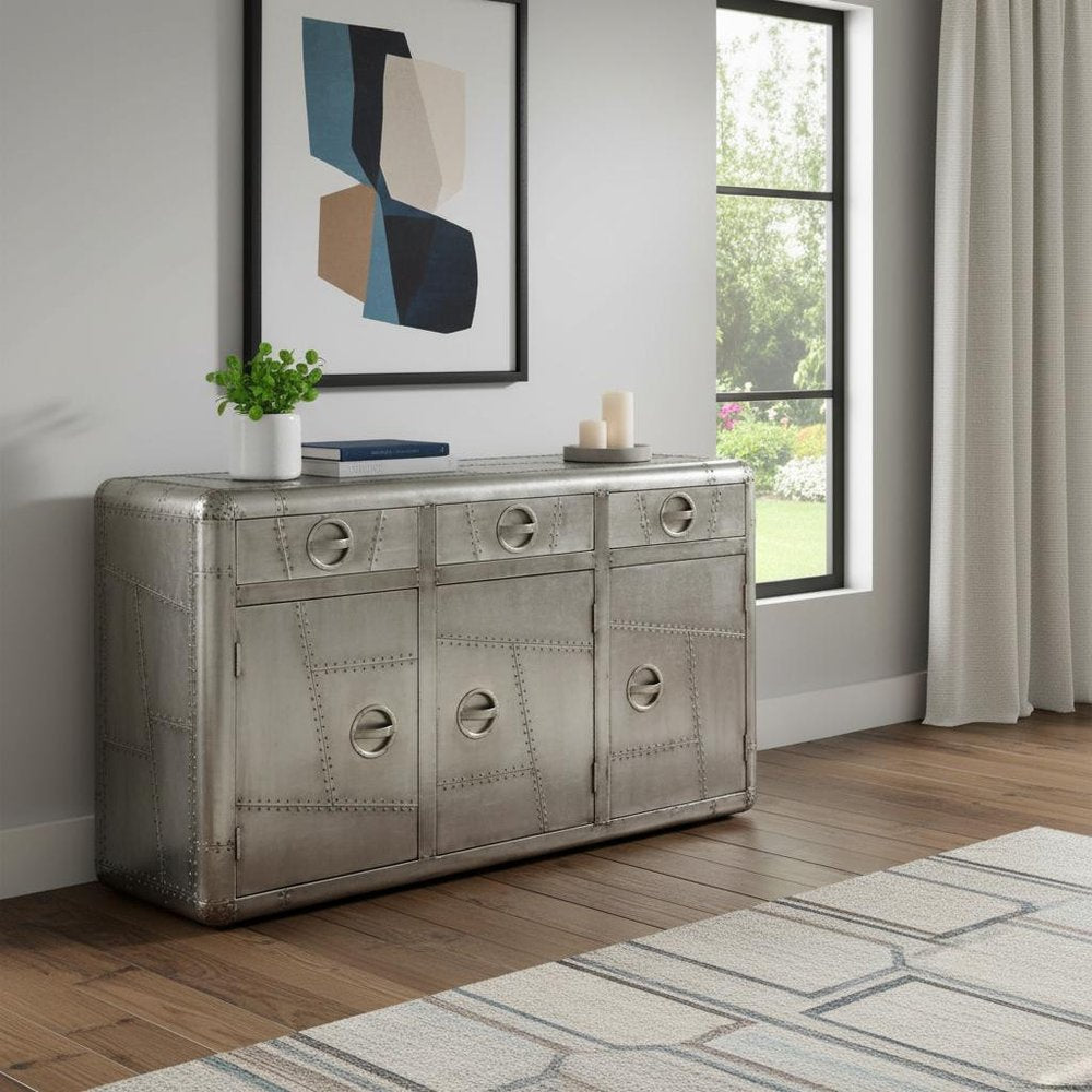 55" Silver Steel Console Accent Cabinet With Three Drawers HomeRoots