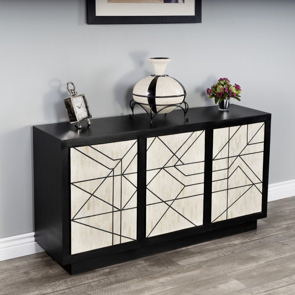 59" Natural and Black Sideboard with Three Doors HomeRoots