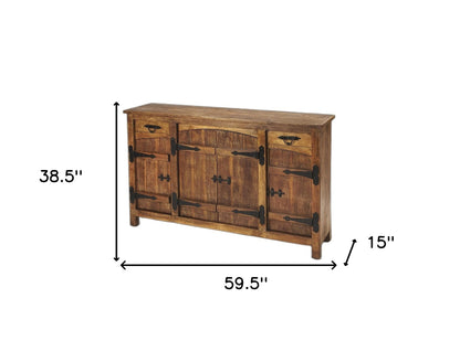 60" Brown Solid Wood Two Drawer Sideboard with Four Doors