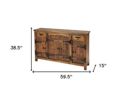 60" Brown Solid Wood Two Drawer Sideboard with Four Doors HomeRoots
