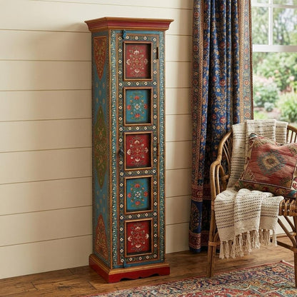 60" Red Blue and Gold Hand Painted Accent Cabinet HomeRoots