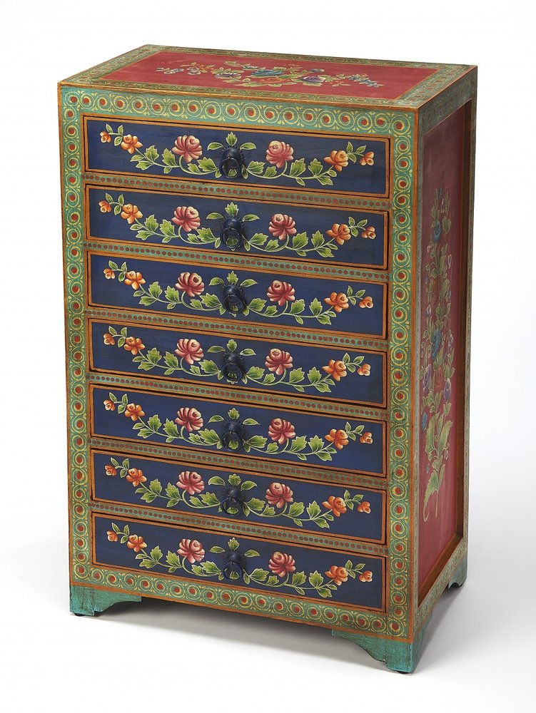 21" Blue and Green Solid Wood Seven Drawer Standard Chest HomeRoots