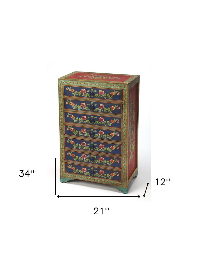 21" Blue and Green Solid Wood Seven Drawer Standard Chest HomeRoots