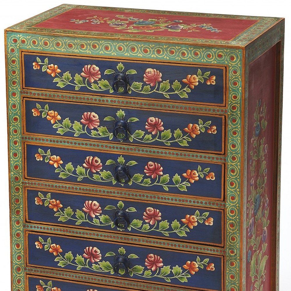 21" Blue and Green Solid Wood Seven Drawer Standard Chest HomeRoots