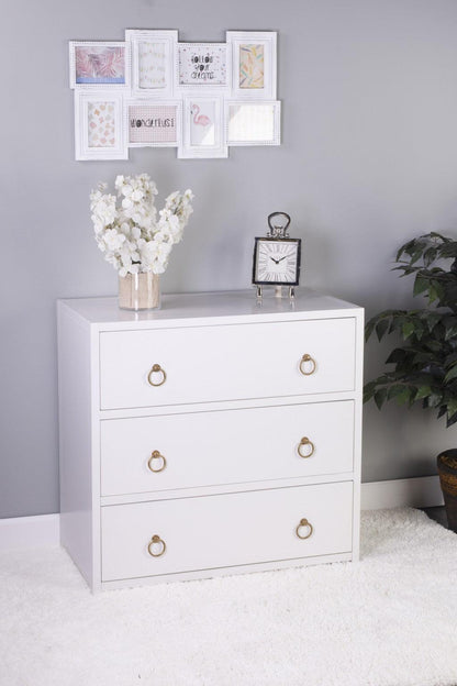 34" White Manufactured Wood Three Drawer Dresser - FurniFindUSA