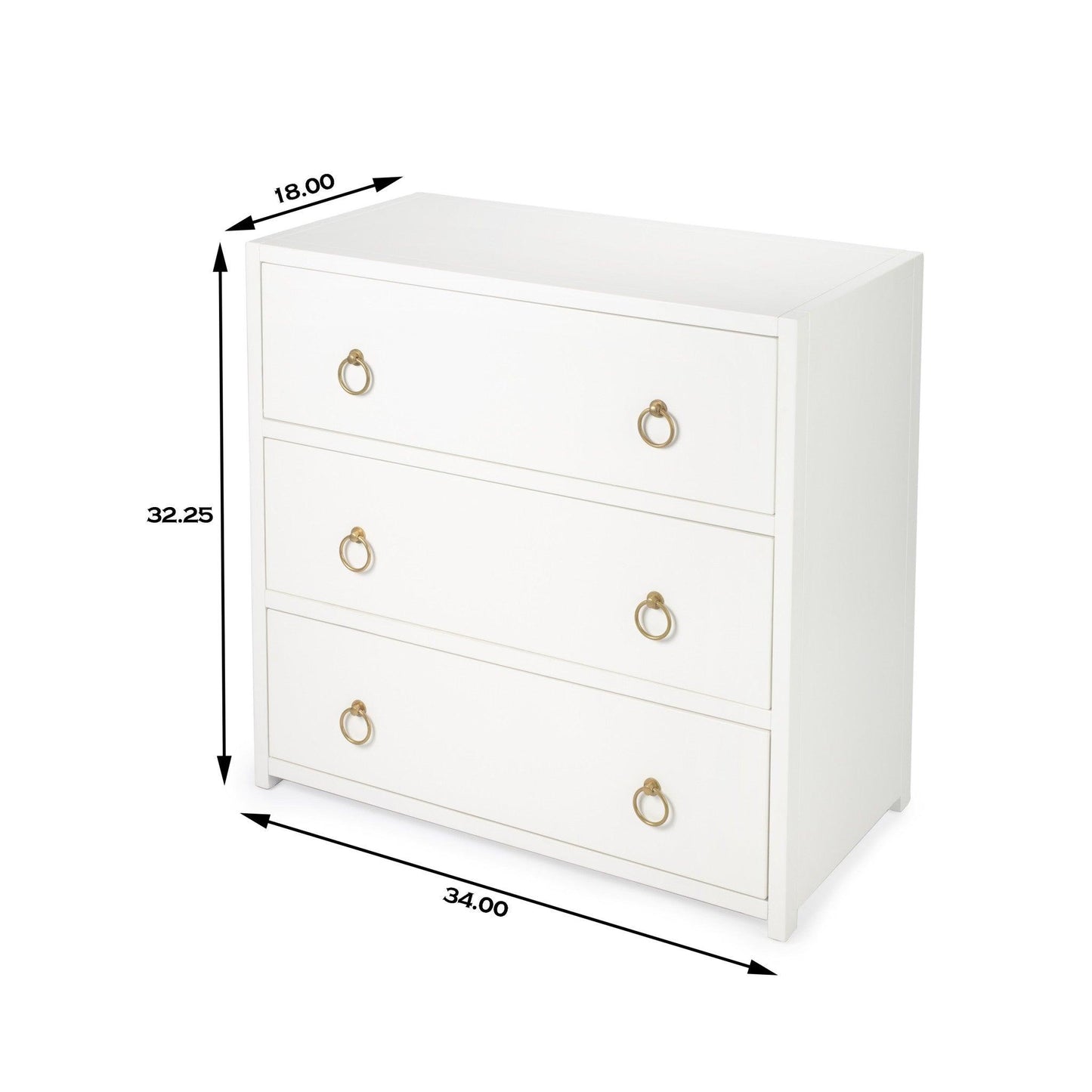 34" White Manufactured Wood Three Drawer Dresser - FurniFindUSA