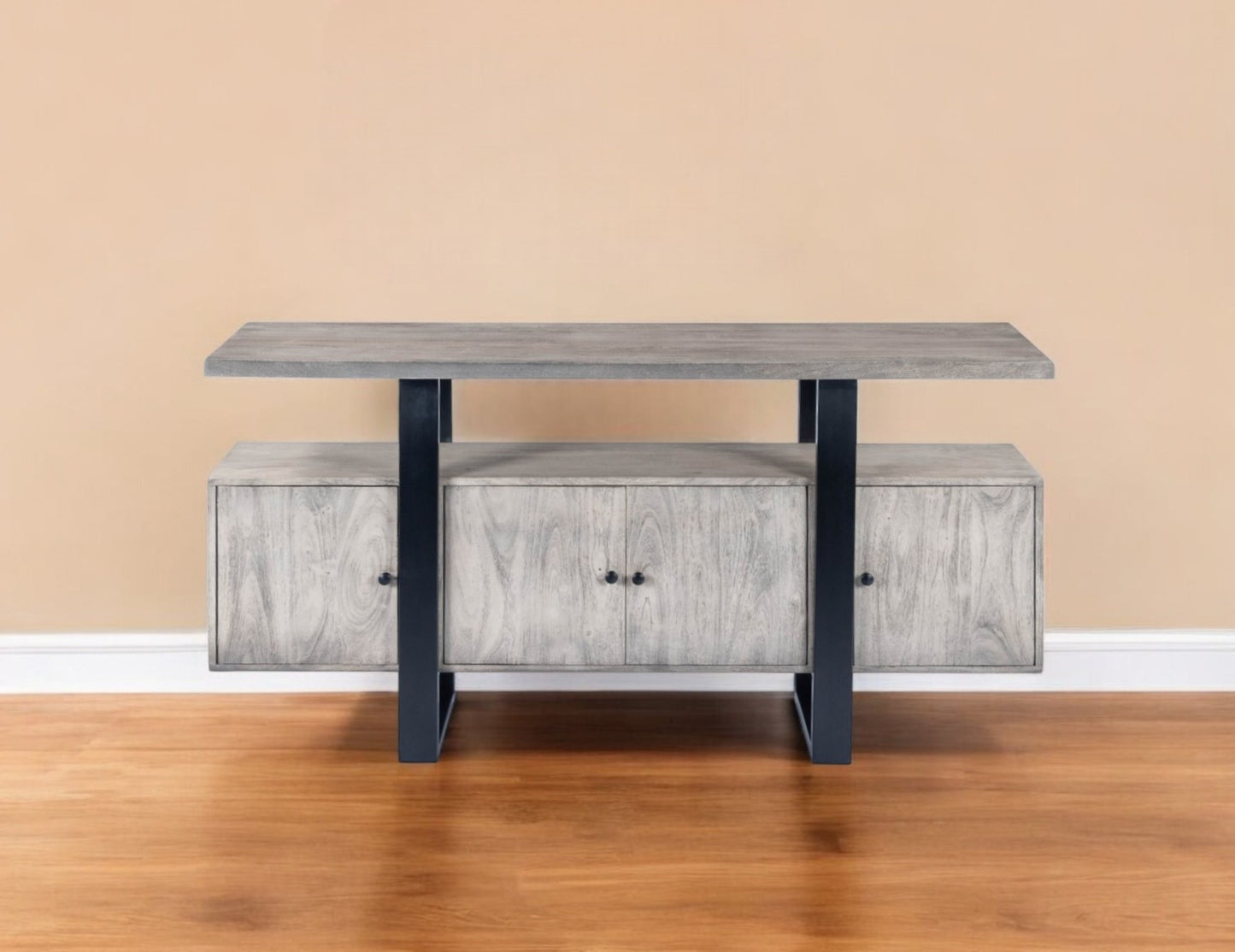 63" Gray Solid Wood Sideboard with Four Doors