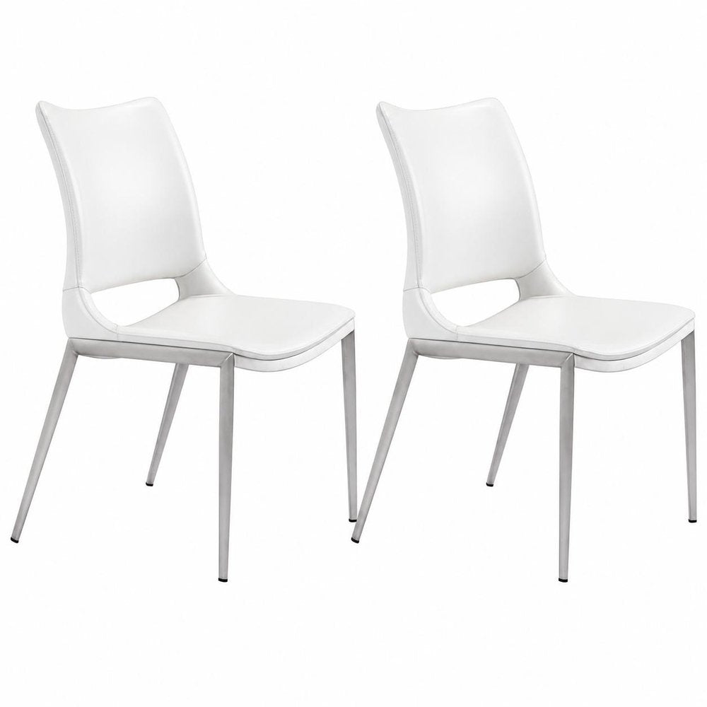 Set of Two White And Silver Upholstered Faux Leather Dining Side Chairs HomeRoots