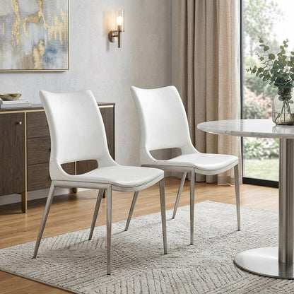 Set of Two White And Silver Upholstered Faux Leather Dining Side Chairs HomeRoots