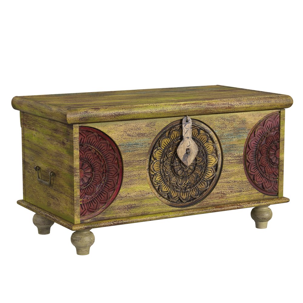 33" Brown and Green Wood Distressed Coffee Table HomeRoots