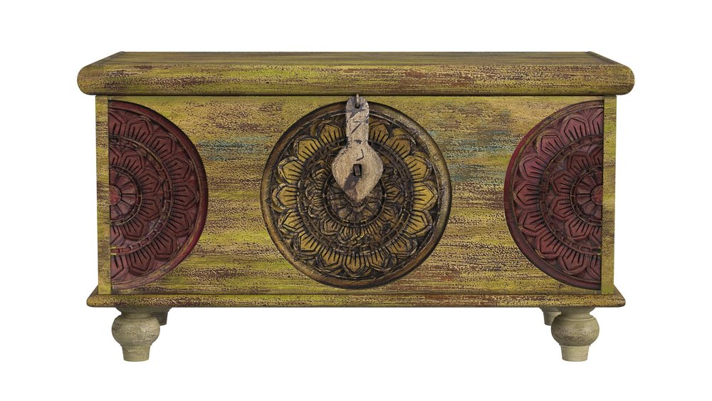 33" Brown and Green Wood Distressed Coffee Table HomeRoots