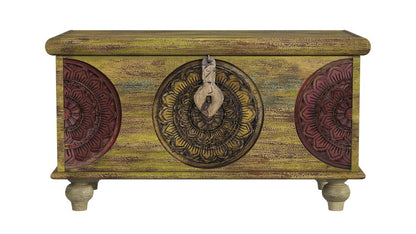 33" Brown and Green Wood Distressed Coffee Table HomeRoots