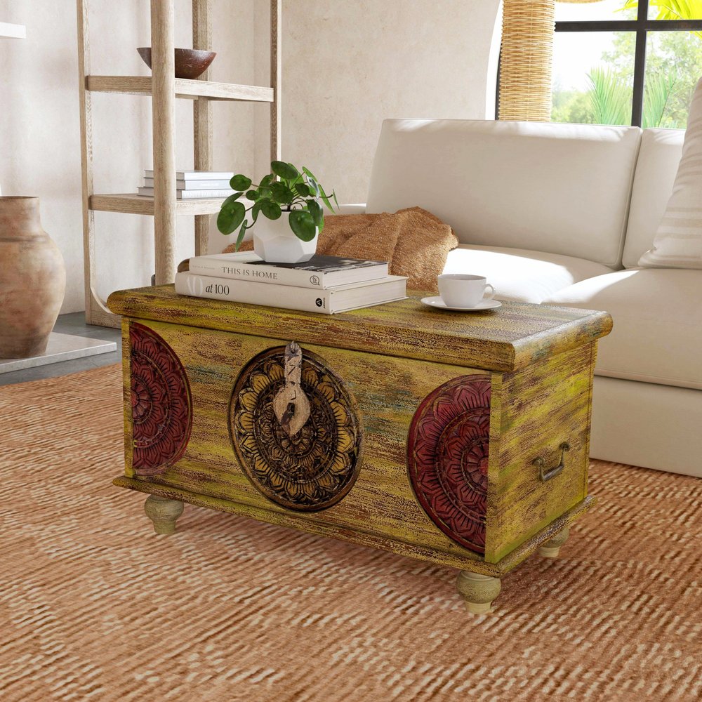 33" Brown and Green Wood Distressed Coffee Table HomeRoots