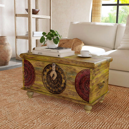 33" Brown and Green Wood Distressed Coffee Table HomeRoots