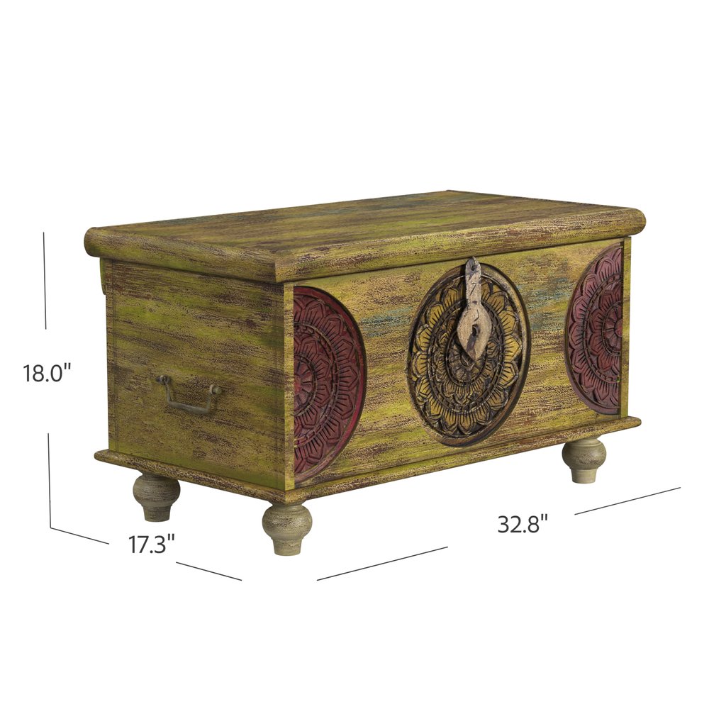 33" Brown and Green Wood Distressed Coffee Table HomeRoots