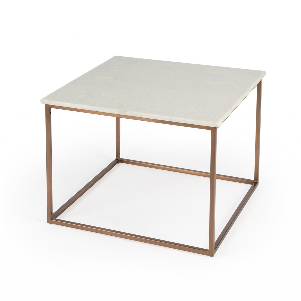 24" White and Copper Genuine Marble and Metal Square Coffee Table HomeRoots