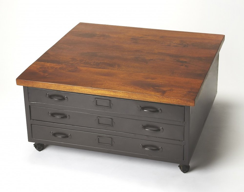 36" Brown and Gray Solid Wood and Metal Square Coffee Table With Three Drawers HomeRoots