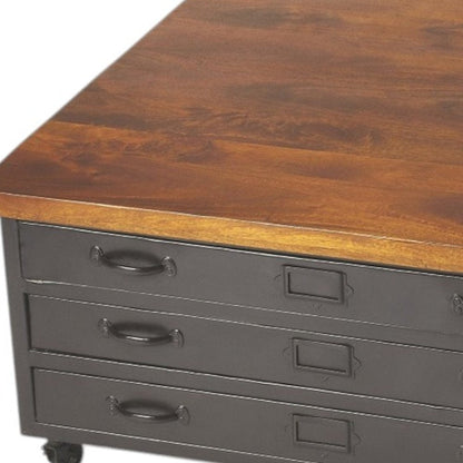 36" Brown and Gray Solid Wood and Metal Square Coffee Table With Three Drawers HomeRoots