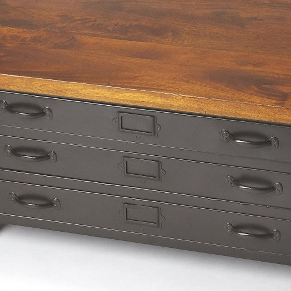 36" Brown and Gray Solid Wood and Metal Square Coffee Table With Three Drawers HomeRoots