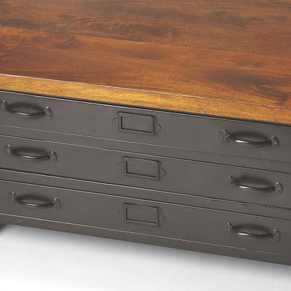 36" Brown and Gray Solid Wood and Metal Square Coffee Table With Three Drawers HomeRoots