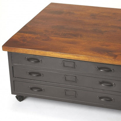 36" Brown and Gray Solid Wood and Metal Square Coffee Table With Three Drawers HomeRoots