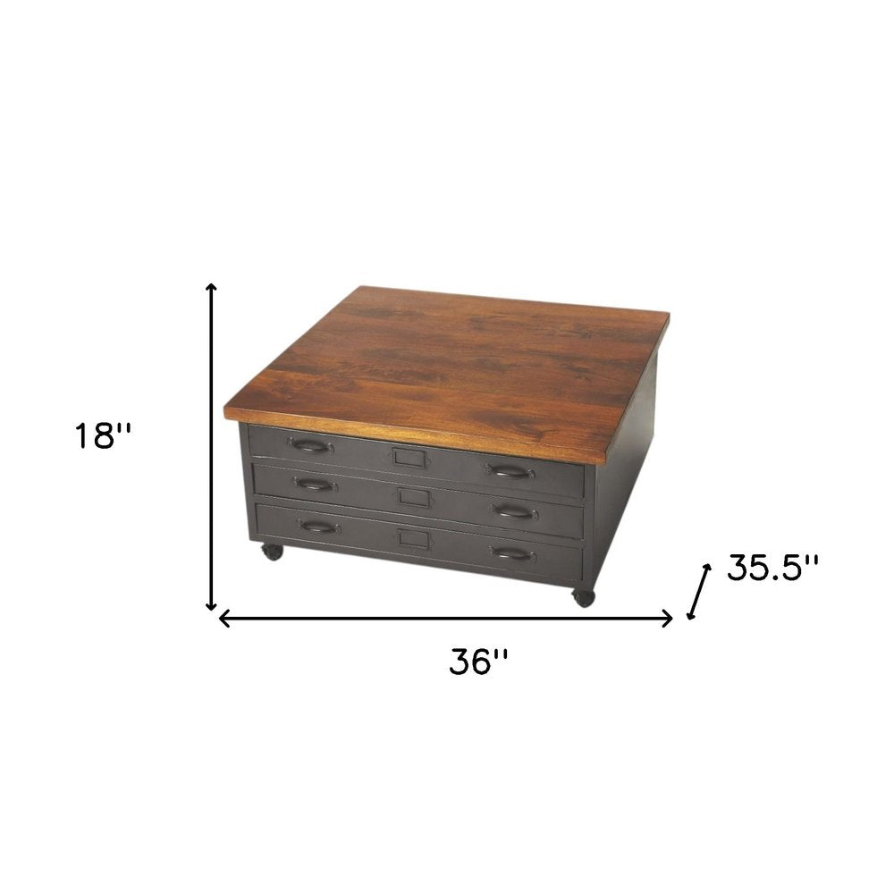 36" Brown and Gray Solid Wood and Metal Square Coffee Table With Three Drawers HomeRoots