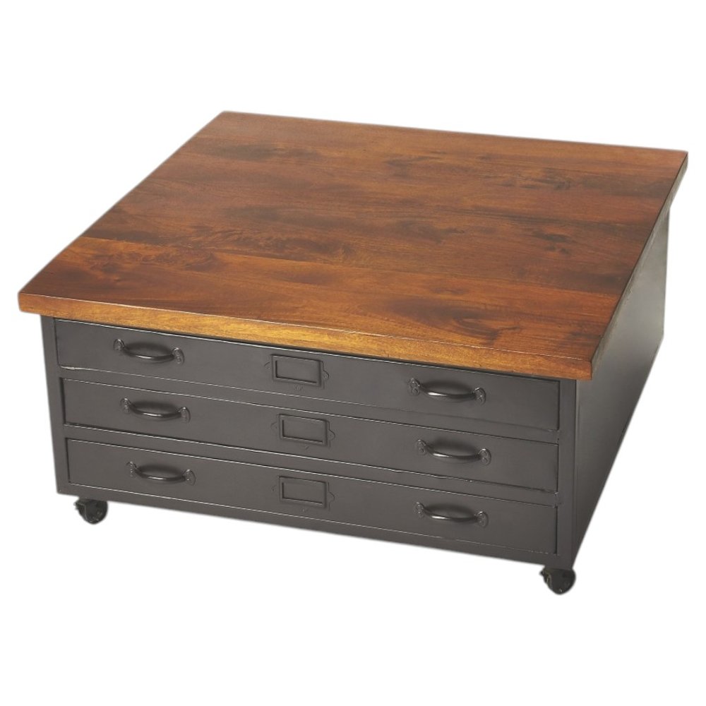 36" Brown and Gray Solid Wood and Metal Square Coffee Table With Three Drawers HomeRoots