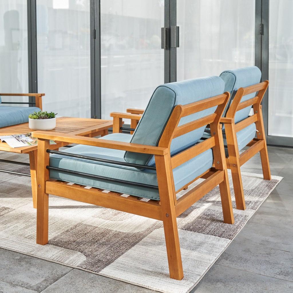 Natural Wood Outdoor Armchair with Aqua Cushion - FurniFindUSA