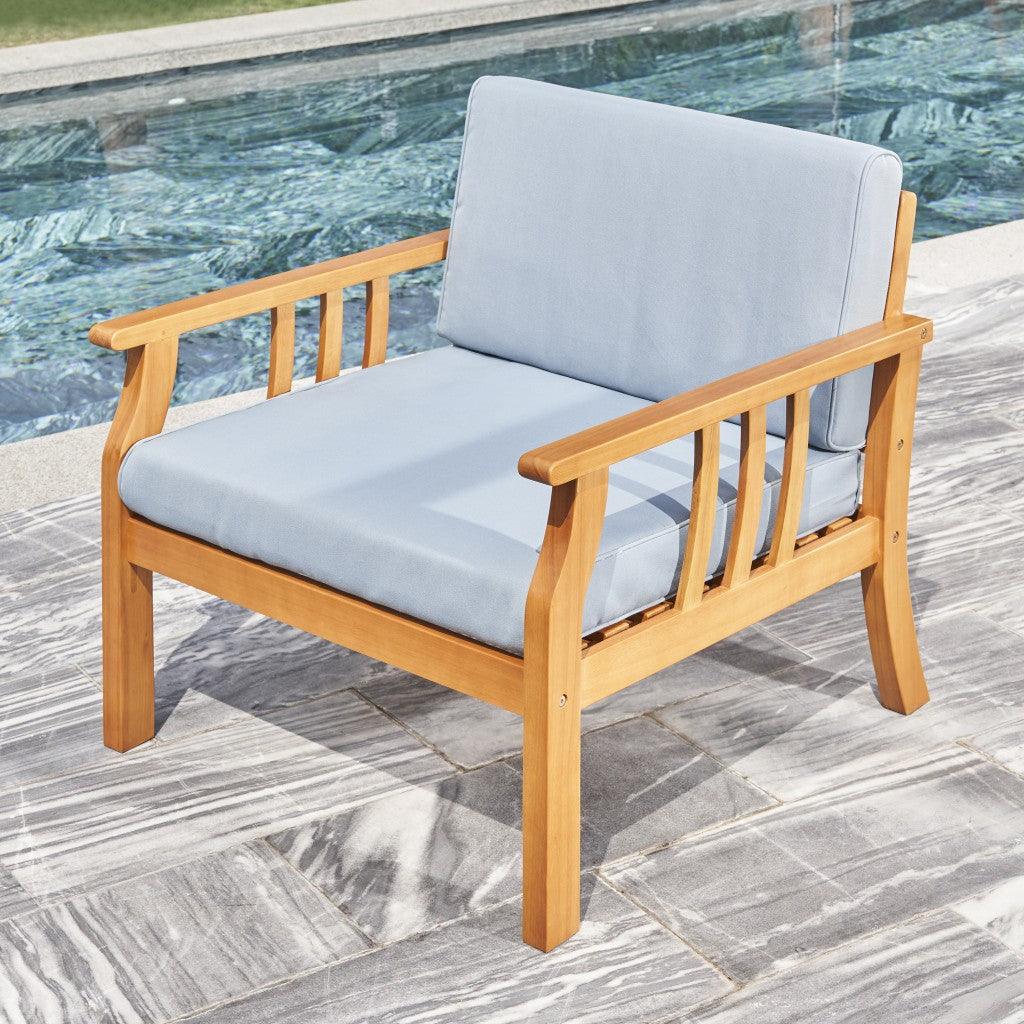 33" Natural Eucalyptus Slat Wood Outdoor Accent Chair with Aqua Cushion - FurniFindUSA