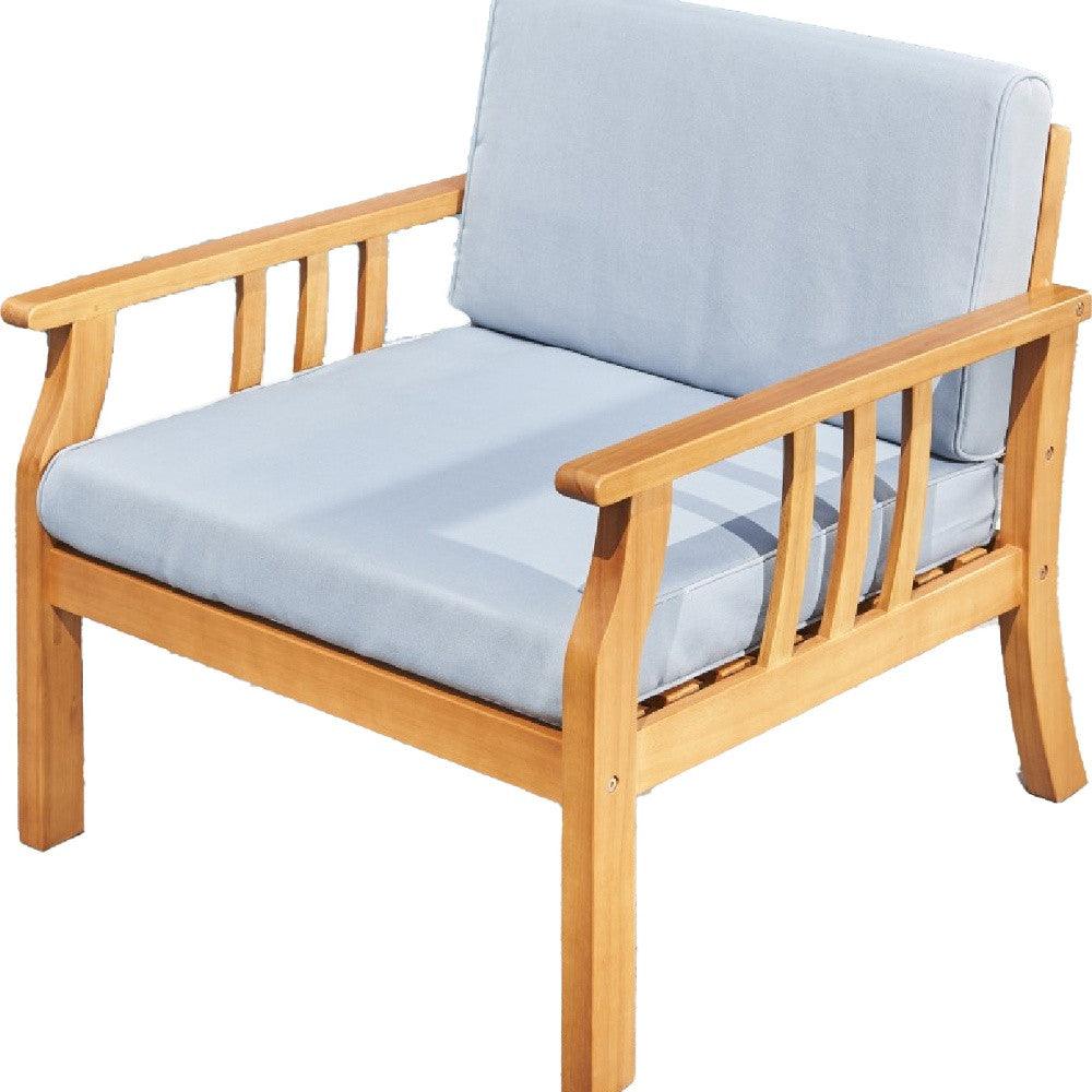 33" Natural Eucalyptus Slat Wood Outdoor Accent Chair with Aqua Cushion - FurniFindUSA