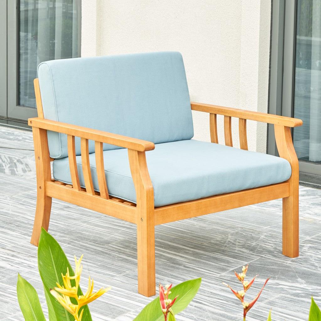 33" Natural Eucalyptus Slat Wood Outdoor Accent Chair with Aqua Cushion - FurniFindUSA