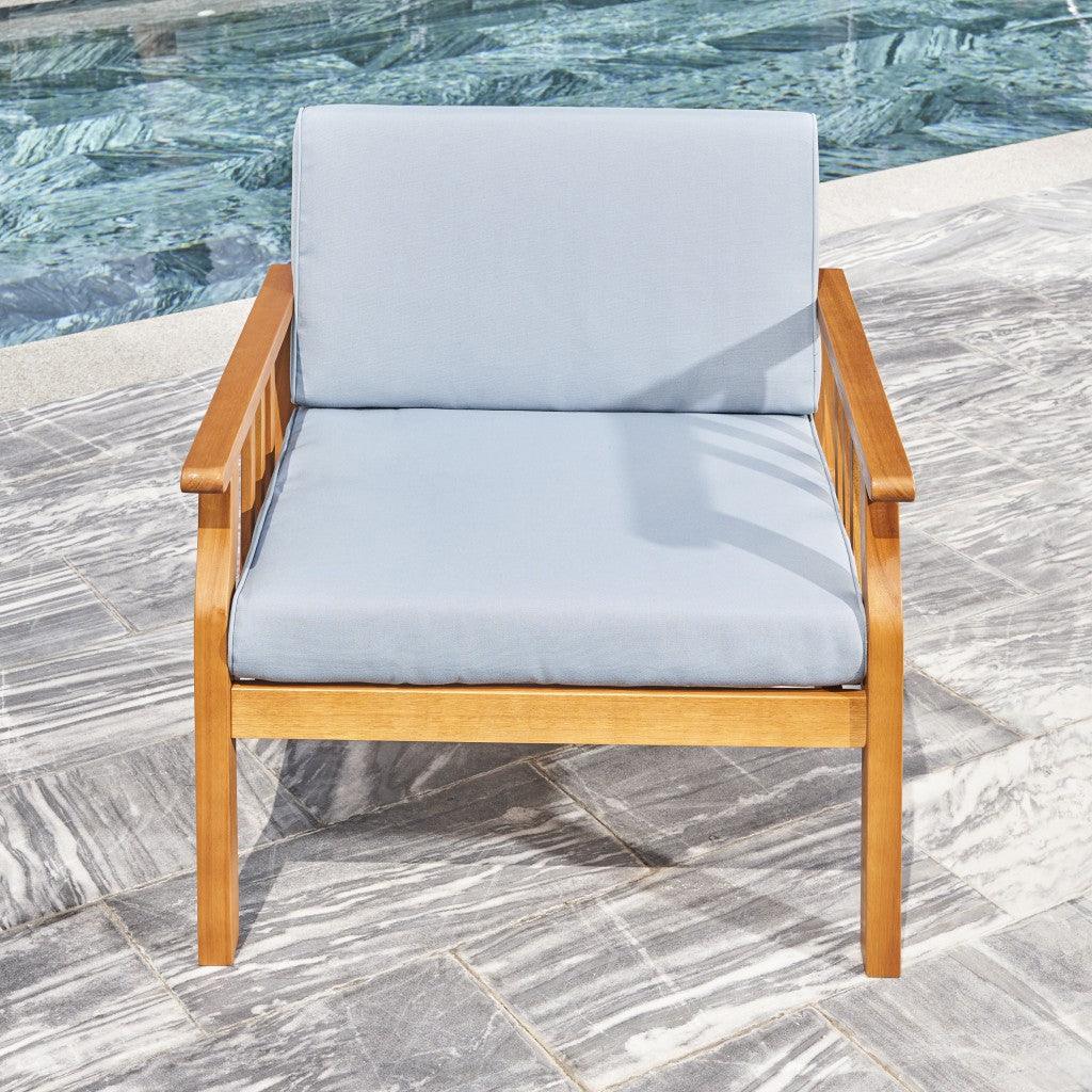 33" Natural Eucalyptus Slat Wood Outdoor Accent Chair with Aqua Cushion - FurniFindUSA