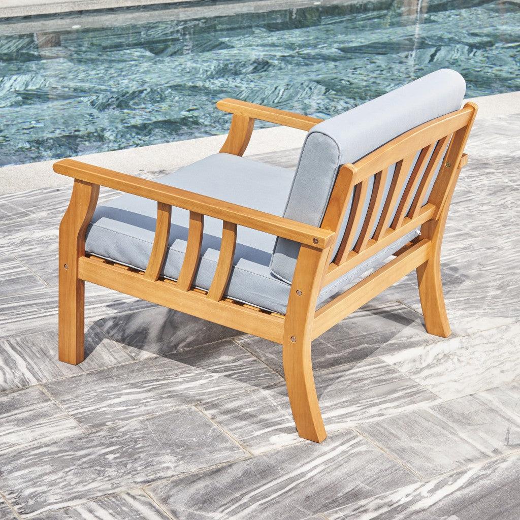 33" Natural Eucalyptus Slat Wood Outdoor Accent Chair with Aqua Cushion - FurniFindUSA