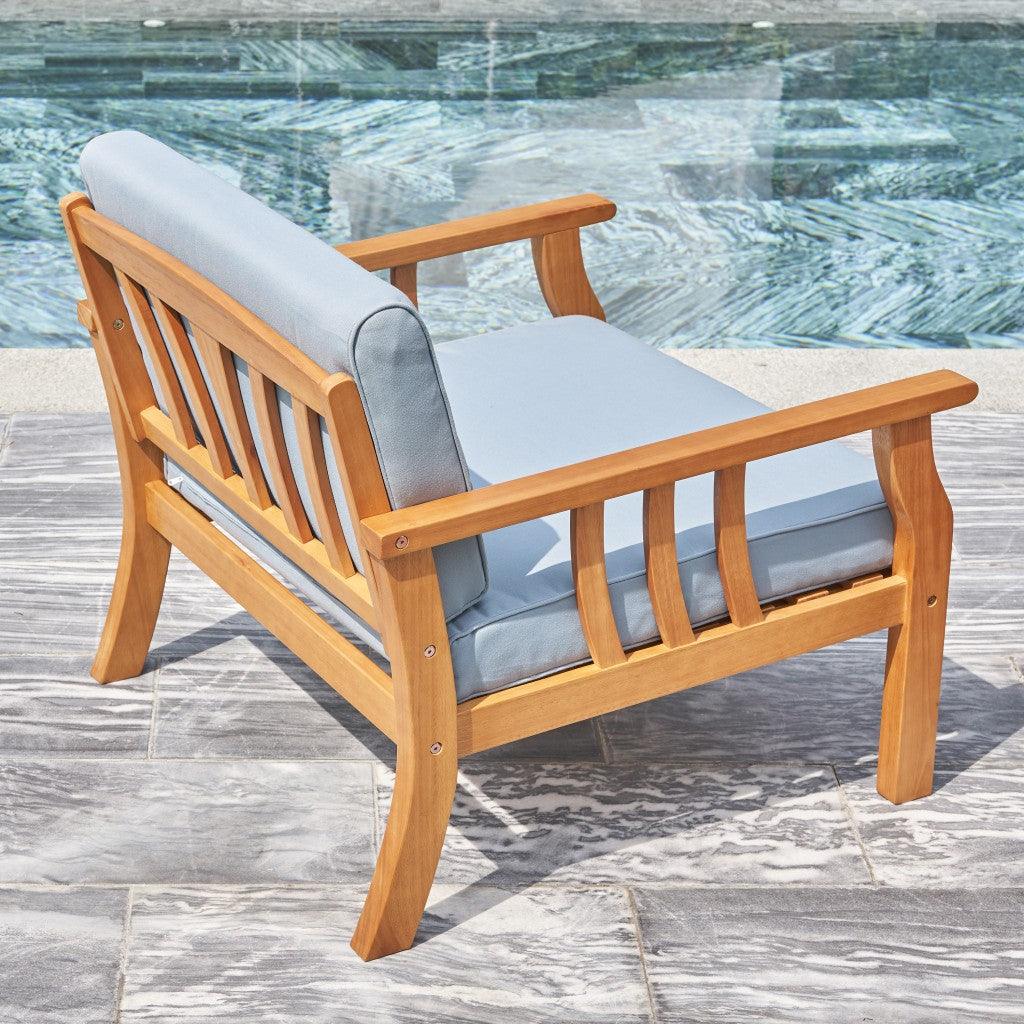 33" Natural Eucalyptus Slat Wood Outdoor Accent Chair with Aqua Cushion - FurniFindUSA