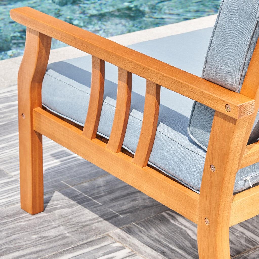 33" Natural Eucalyptus Slat Wood Outdoor Accent Chair with Aqua Cushion - FurniFindUSA