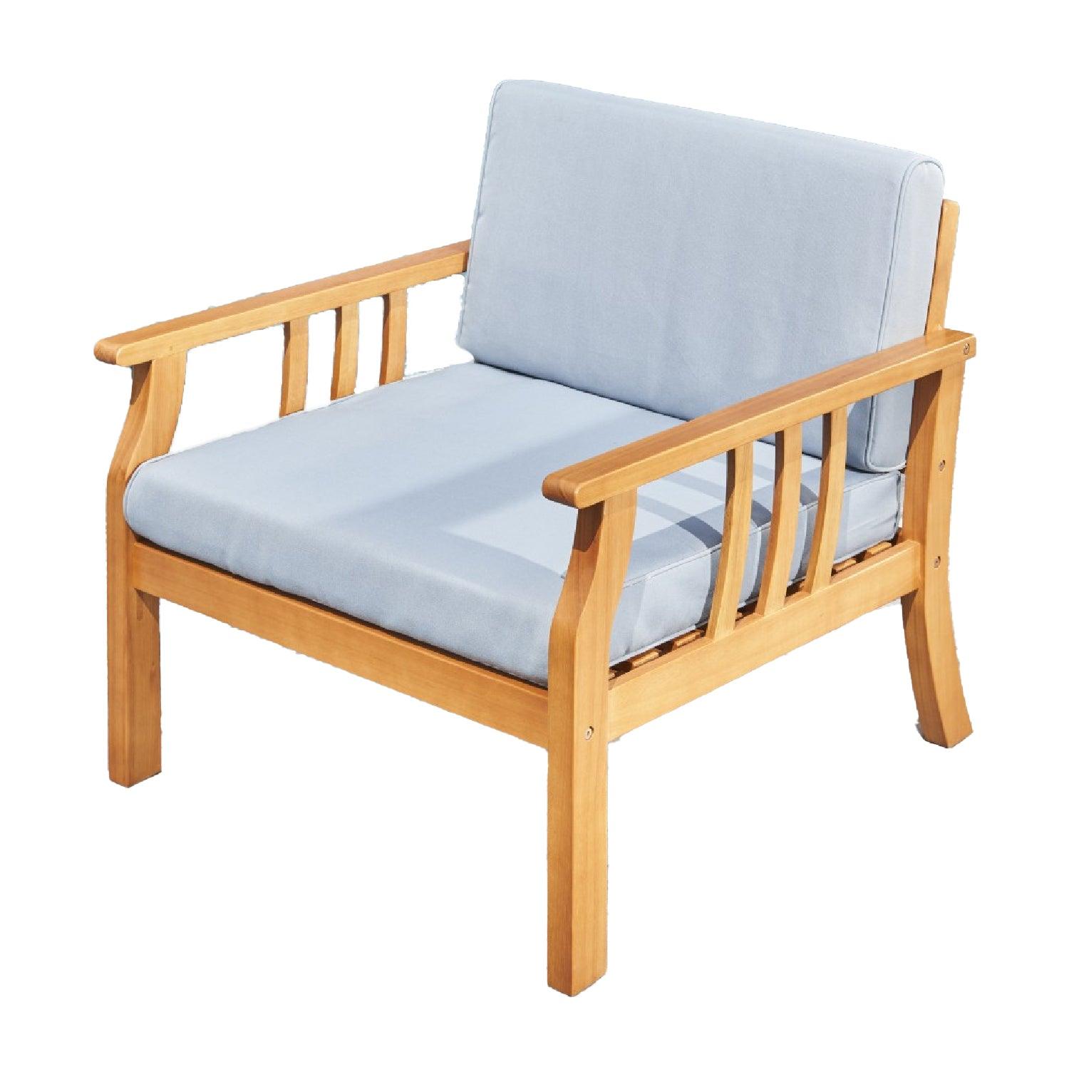 33" Natural Eucalyptus Slat Wood Outdoor Accent Chair with Aqua Cushion - FurniFindUSA