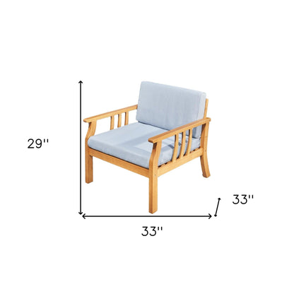 33" Natural Eucalyptus Slat Wood Outdoor Accent Chair with Aqua Cushion - FurniFindUSA