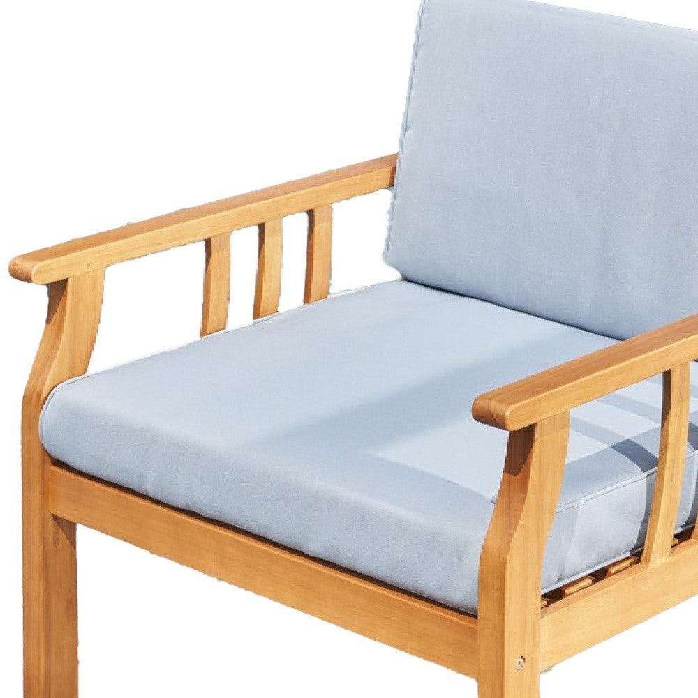 33" Natural Eucalyptus Slat Wood Outdoor Accent Chair with Aqua Cushion - FurniFindUSA