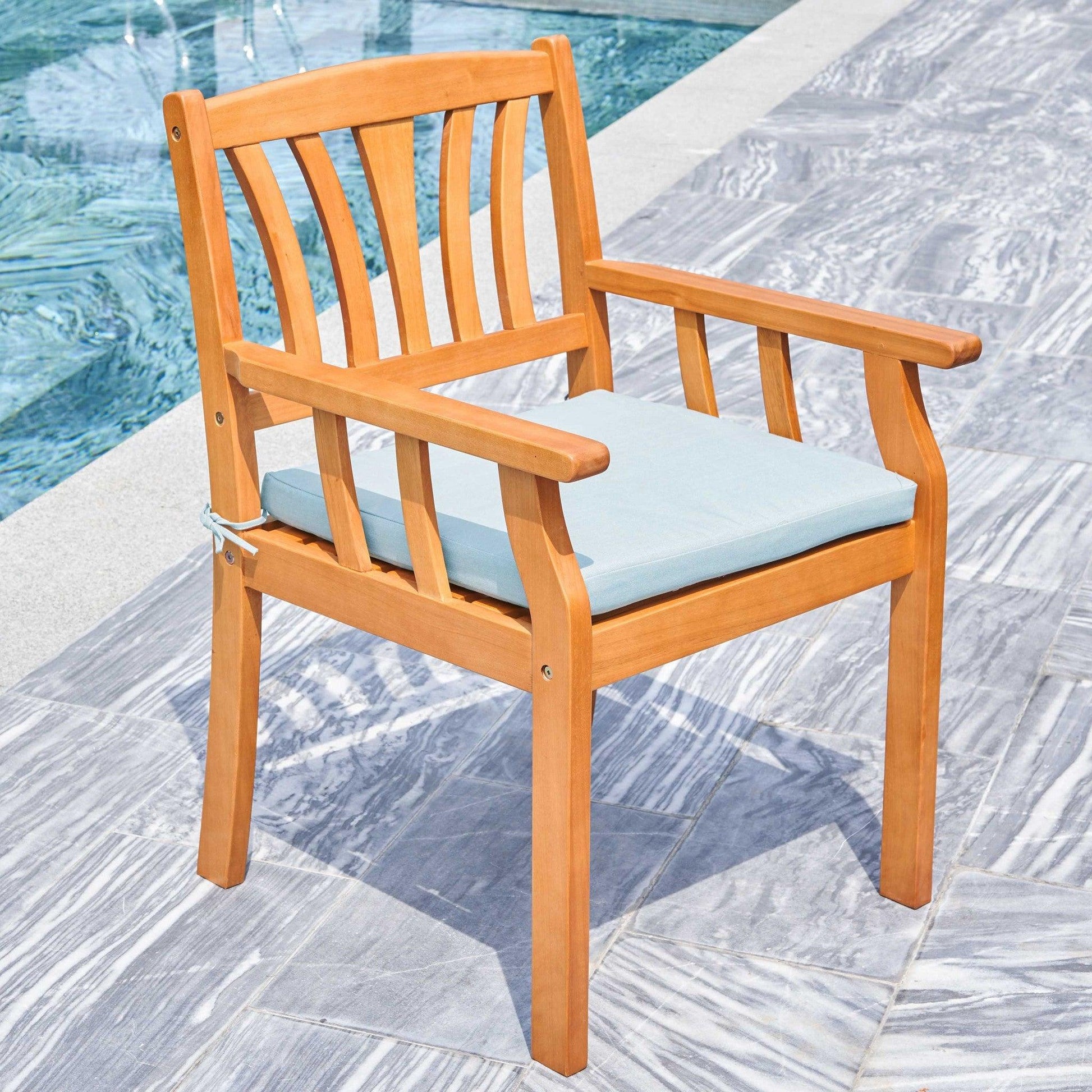 35" Natural Eucalyptus Slat Wood Outdoor Accent Chair with Aqua Cushion - FurniFindUSA