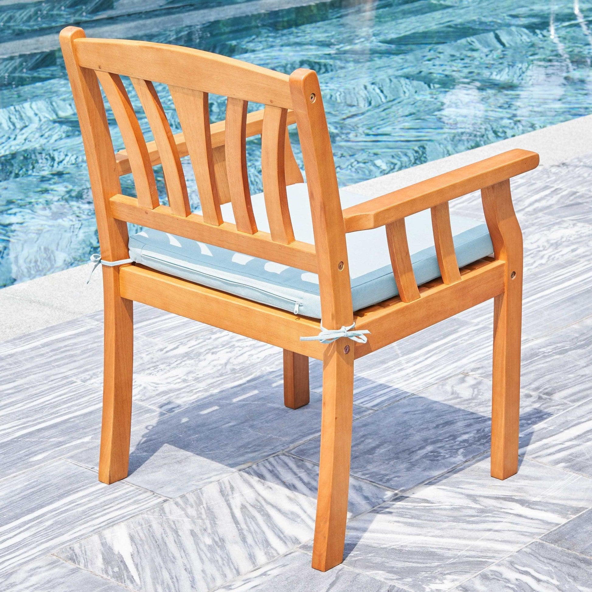 35" Natural Eucalyptus Slat Wood Outdoor Accent Chair with Aqua Cushion - FurniFindUSA