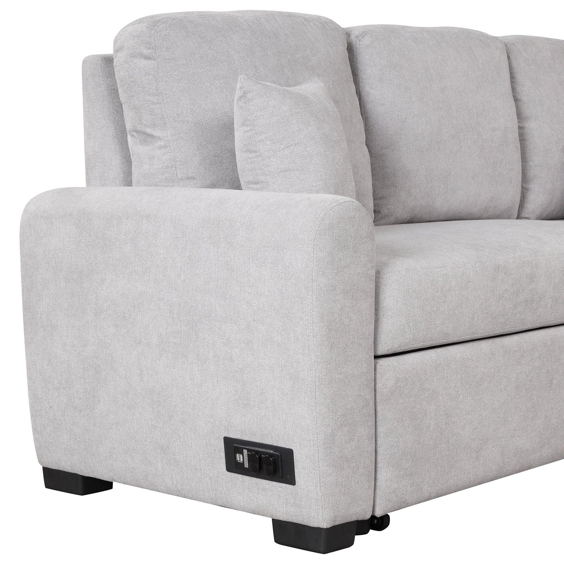 87.4"Sectional Sleeper Sofa with USB Charging Port and Plug Outlet Pull-Out Sofa Bed with 3 Pillows Grey - FurniFindUSA