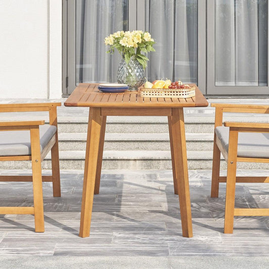 59" Natural Eucalyptus Slat Wood Splay Outdoor Dining Table With Umbrella Hole - FurniFindUSA