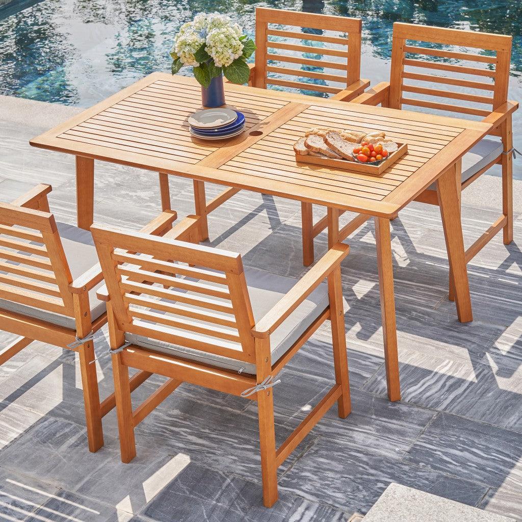 59" Natural Eucalyptus Slat Wood Splay Outdoor Dining Table With Umbrella Hole - FurniFindUSA